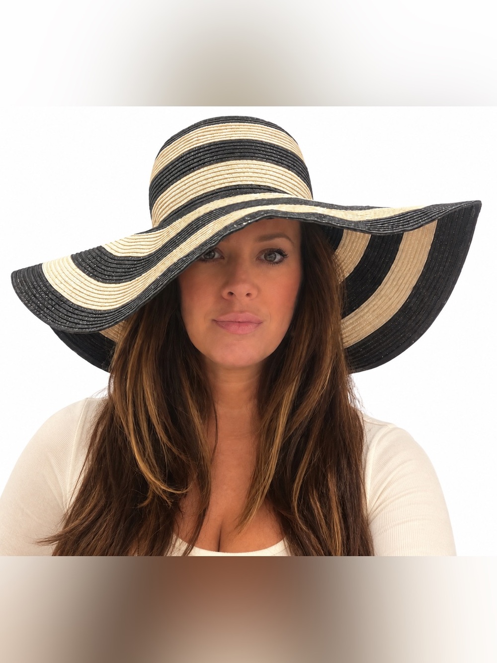 Vintage Wide-Brim Striped Sun Hat in Black and Cream